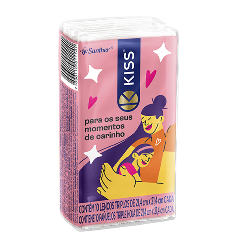 LENÇO DE PAPEL TRIPLO KISS 21,4X21,4CM 10 FOLHAS - DP COM 28 UN