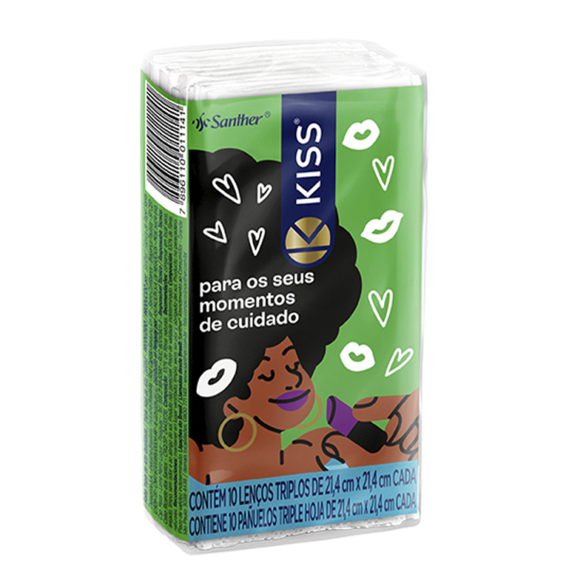 LENÇO DE PAPEL TRIPLO KISS 21,4X21,4CM 10 FOLHAS - DP COM 28 UN