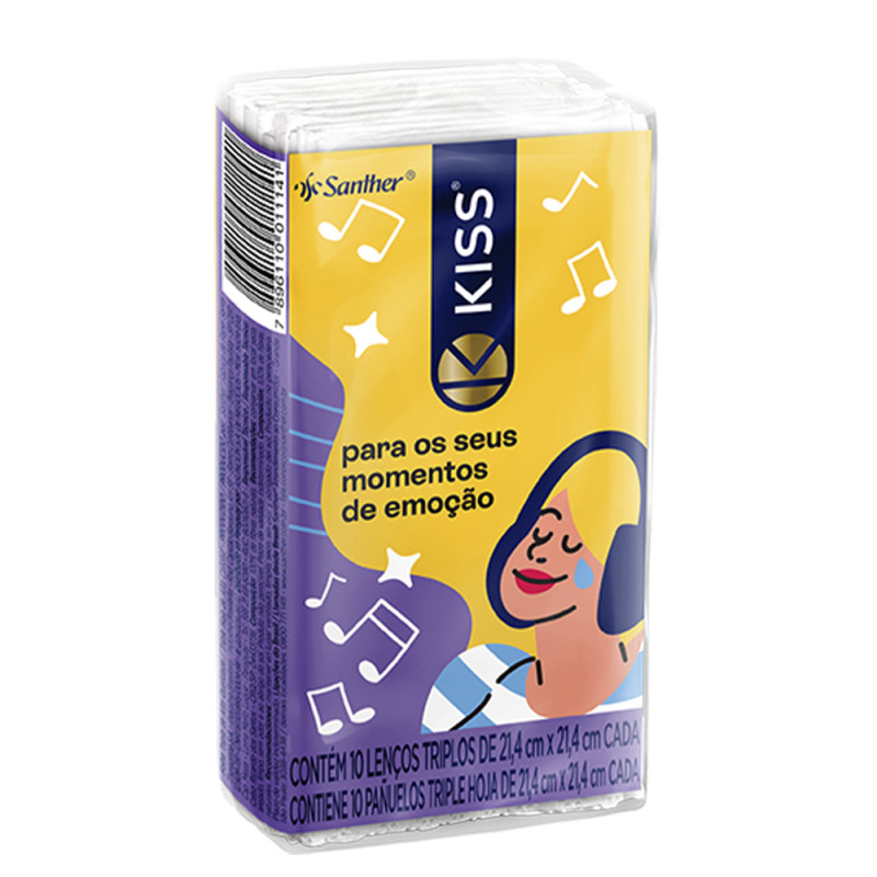 LENÇO DE PAPEL TRIPLO KISS 21,4X21,4CM 10 FOLHAS - DP COM 28 UN