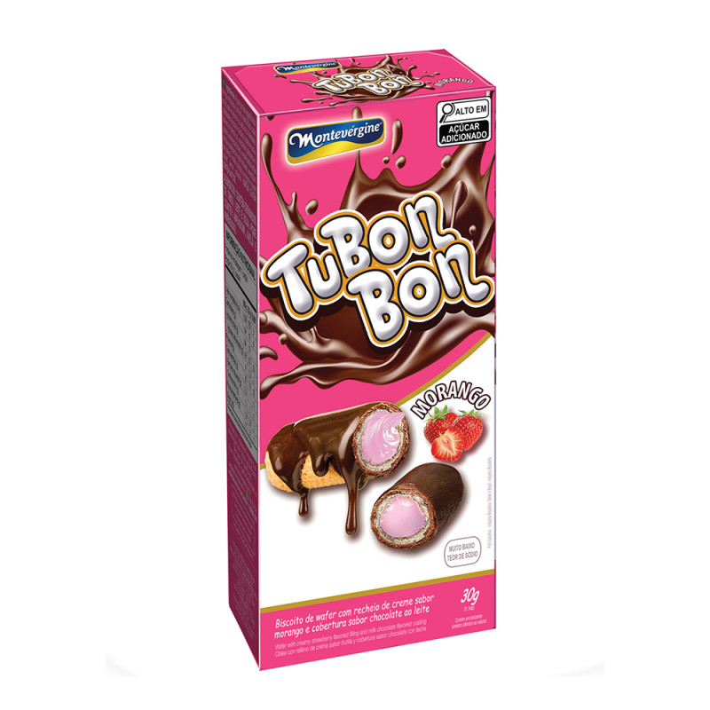 BISCOITO WAFER TUBON BON MONTEVERGINE 30GR MORANGO - CX COM 24 UN