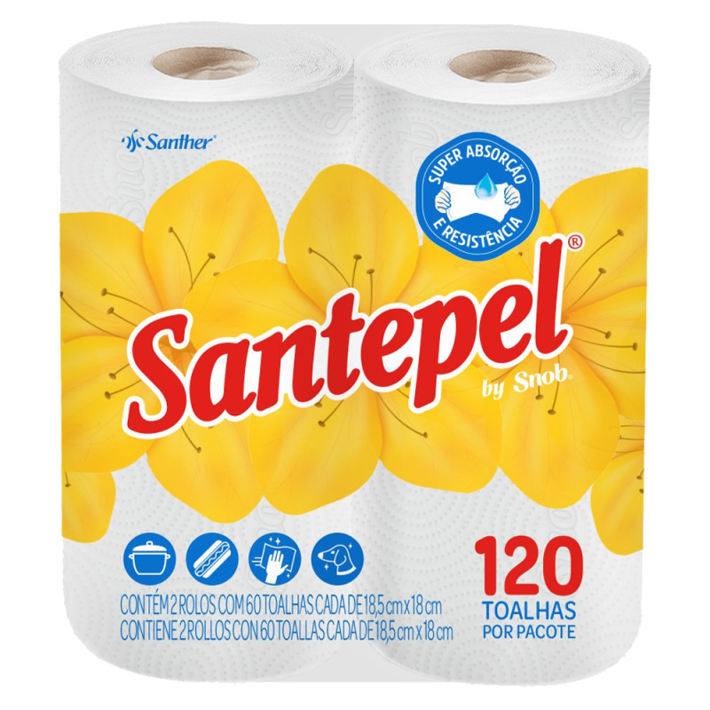 PAPEL TOALHA SANTEPEL COM 2 ROLOS 120 FOLHAS - FD COM 16 PC