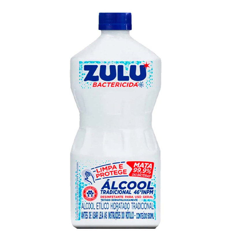 ÁLCOOL ZULU BACTERICIDA 46º GRAUS 500ML TRADICIONAL - CX COM 12 UN