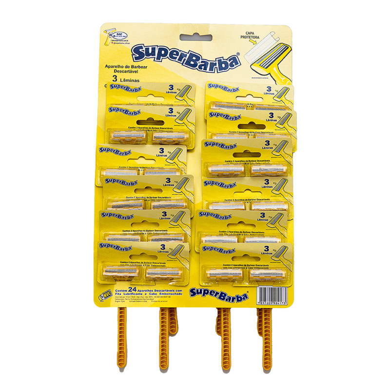 APARELHO DE BARBEAR SUPERBARBA 3 LÂMINAS AMARELO - CARTELA COM 24 UN