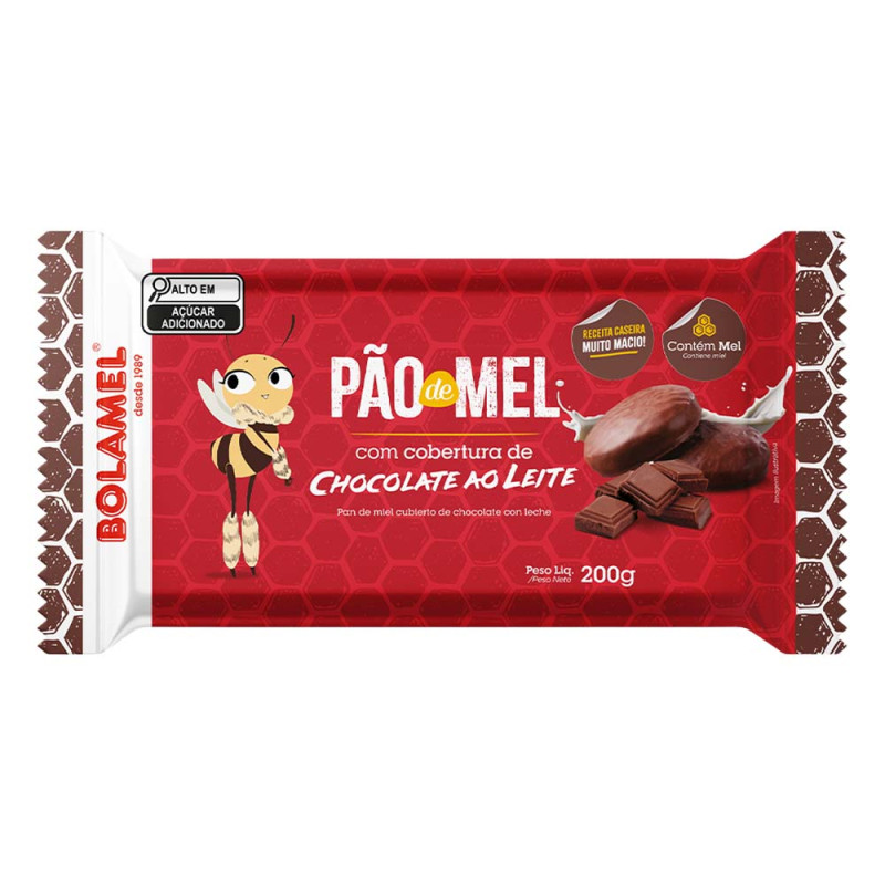 PÃO DE MEL COM COBERTURA DE CHOCOLATE AO LEITE BOLAMEL 200GR BANDEJA - CX COM 12 UN
