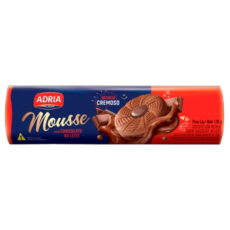 BISCOITO RECHEADO MOUSSE ADRIA 130GR - CHOCO AO LEITE - CX COM 50 PC