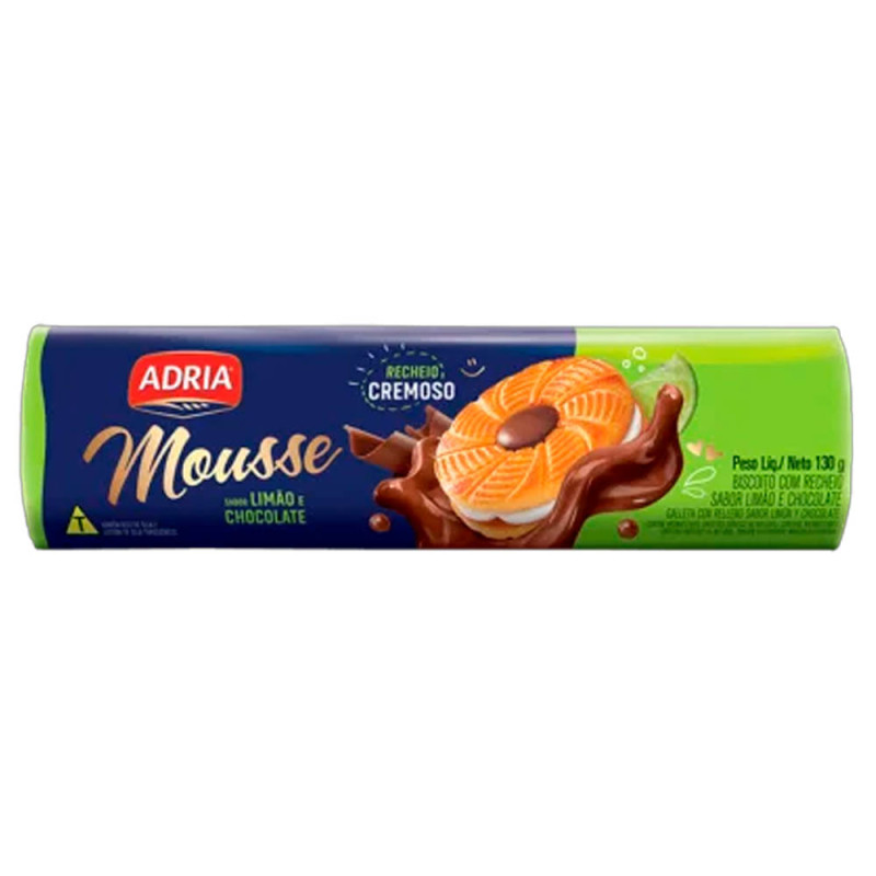 BISCOITO RECHEADO MOUSSE ADRIA 130GR LIMÃO E CHOCOLATE - CX COM 50 PC