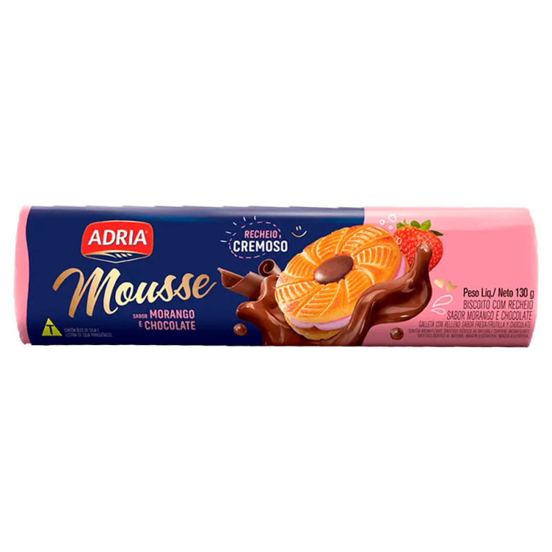 BISCOITO RECHEADO MOUSSE ADRIA 130GR MORANGO E CHOCOLATE - CX COM 50 PC