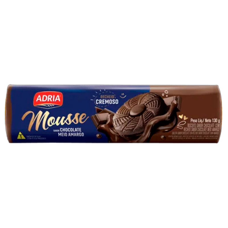 BISCOITO RECHEADO MOUSSE ADRIA 130GR  MEIO AMARGO - CX COM 50 PC