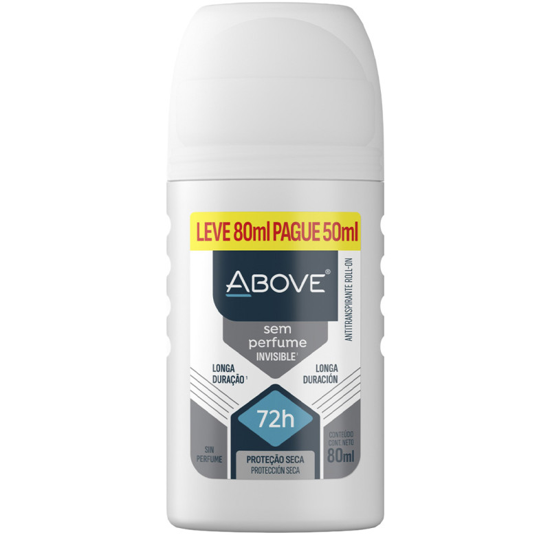 DESODORANTE ROLL-ON ABOVE 72H 80ML SEM PERFUME INVISIBLE - CX COM 12 UN