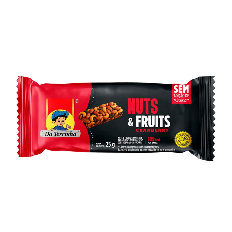 BARRINHA DA TERRINHA NUTS E FRUITS ZERO AÇÚCAR 25GR CRANBERRY - DP COM 12 UN