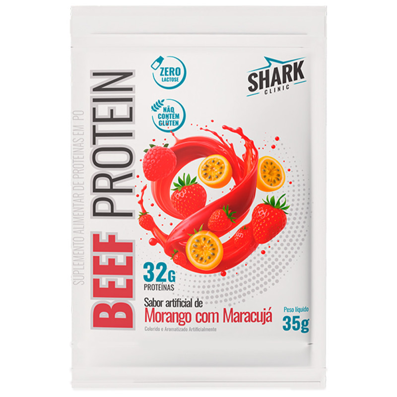 WHEY BEEF PROTEIN SHARK PRO SACHÊ 35GR MORANGO COM MARACUJÁ - DP COM 10 UN