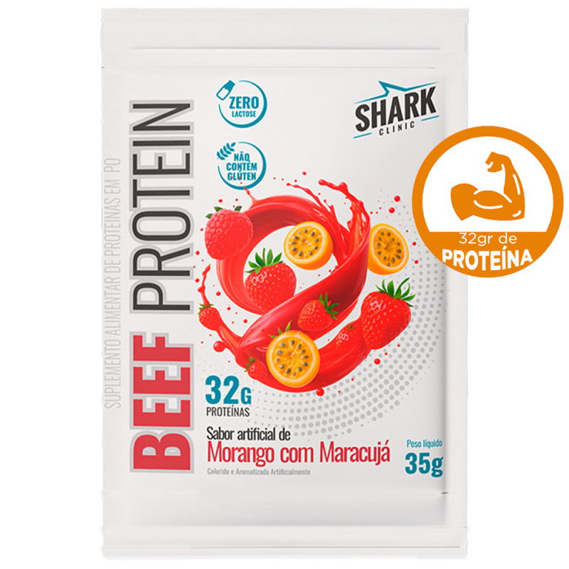 WHEY BEEF PROTEIN SHARK PRO SACHÊ 35GR MORANGO COM MARACUJÁ - DP COM 10 UN
