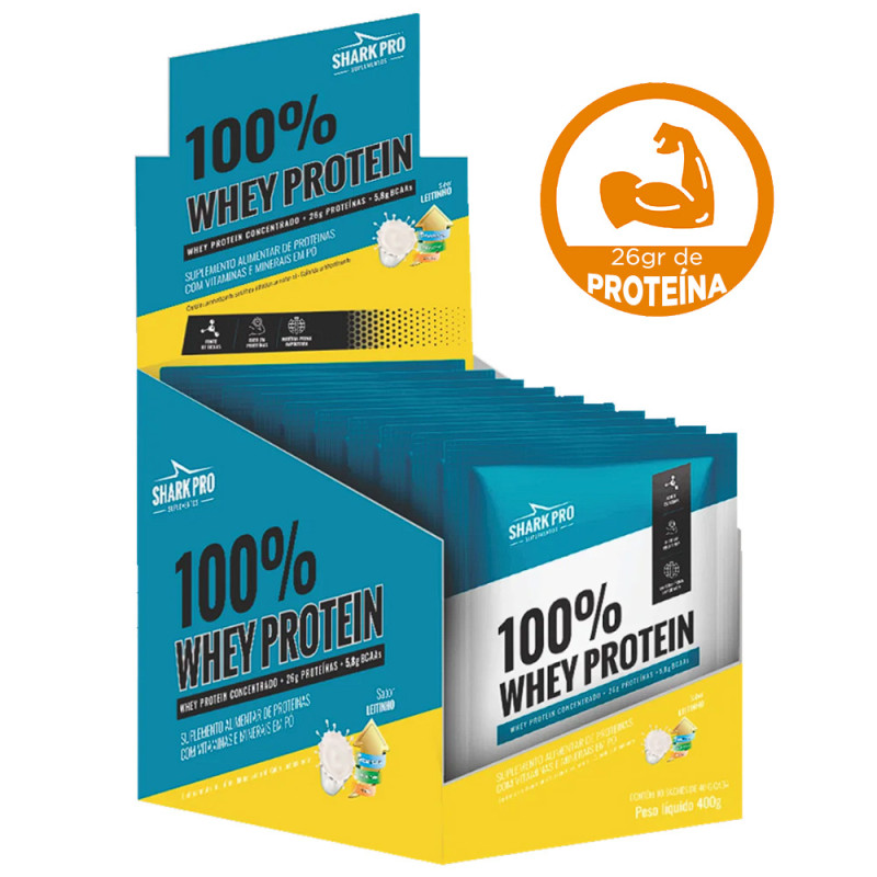 WHEY PROTEIN 100% SHARK PRO SACHÊ 40GR LEITINHO - DP COM 10 UN