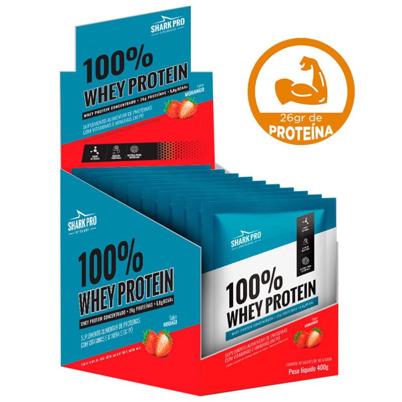 WHEY PROTEIN 100% SHARK PRO SACHÊ 40GR MORANGO - DP COM 10 UN