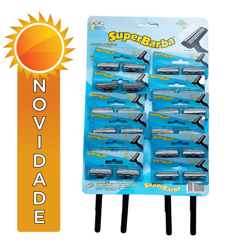APARELHO DE BARBEAR SUPERBARBA 3 LÂMINAS AZUL - CARTELA COM 24 UN