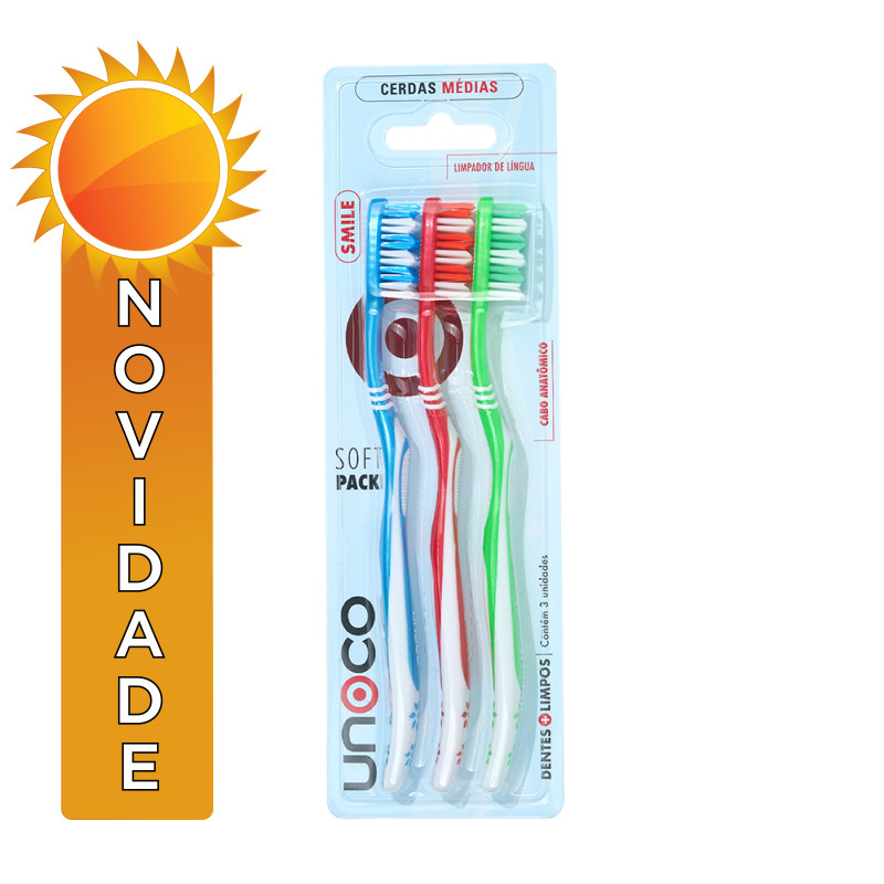 ESCOVA DENTAL ADULTA UNOCO C/ 3 UNIDADES CERDAS MÉDIAS SMILE - PC COM 12 UN