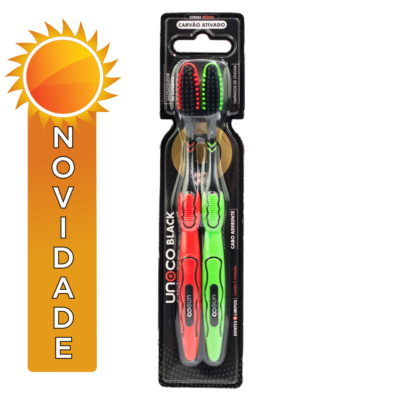 ESCOVA DENTAL ADULTA UNOCO BLACK C/ 2 UNIDADES CERDAS MÉDIAS CARVÃO ATIVADO - PC COM 12 UN