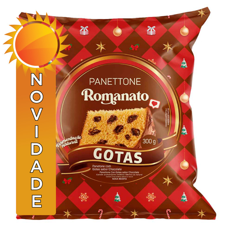 PANETTONE ROMANATO FLOWPACK 300GR GOTAS DE CHOCOLATE - CX COM 12 UN
