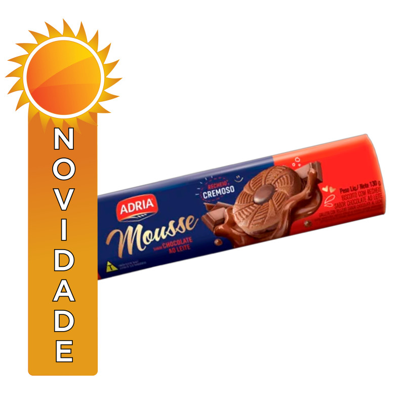 BISCOITO RECHEADO MOUSSE ADRIA 130GR - CHOCO AO LEITE - CX COM 50 PC