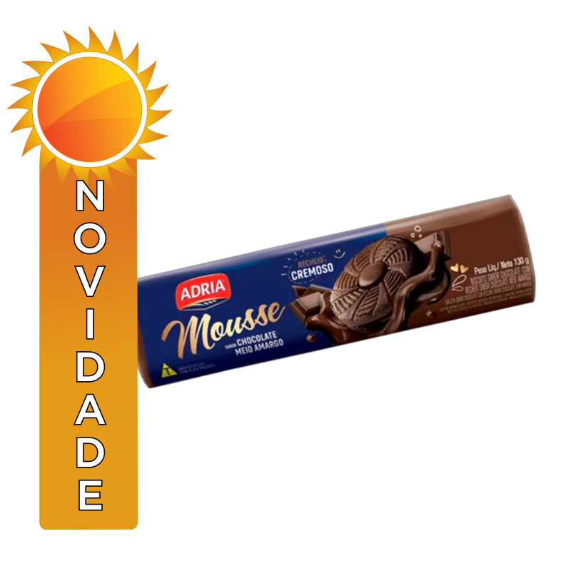 BISCOITO RECHEADO MOUSSE ADRIA 130GR  MEIO AMARGO - CX COM 50 PC