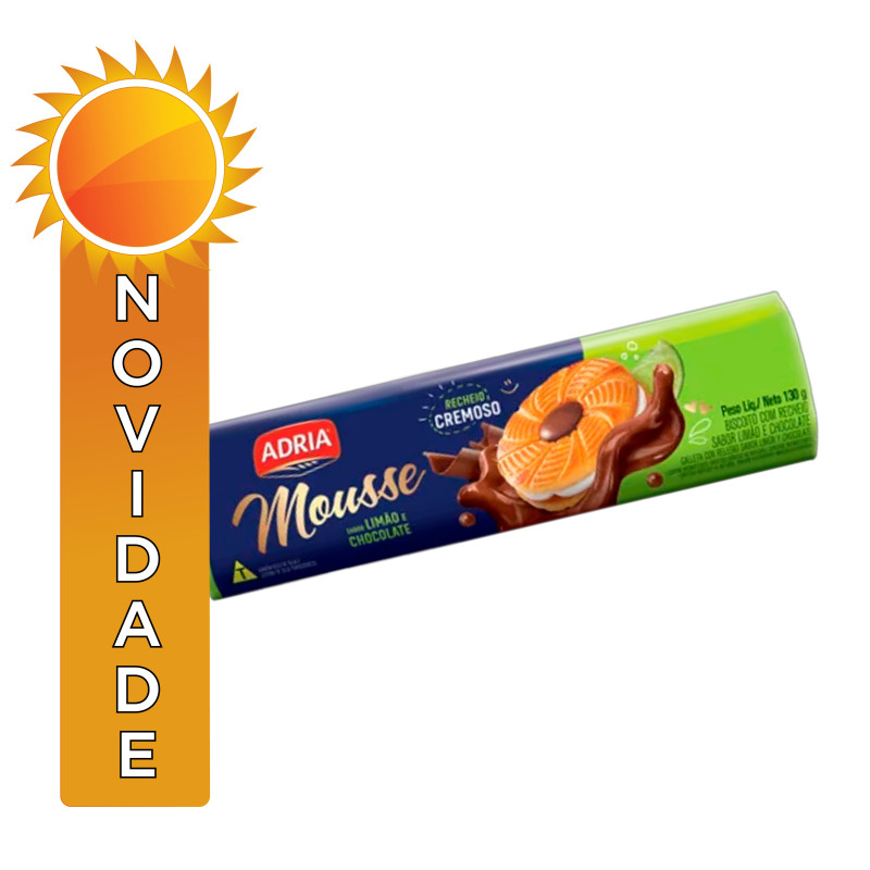 BISCOITO RECHEADO MOUSSE ADRIA 130GR  CHOCO LIMAO - CX COM 50 PC