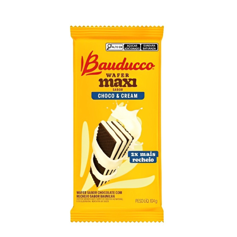 BISCOITO WAFER MAXI BAUDUCCO 104GR CHOCO & CREAM - CX COM 36 UN
