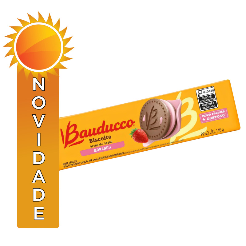 BISCOITO RECHEADO BAUDUCCO 140GR  MORANGO - CX COM 56 UN