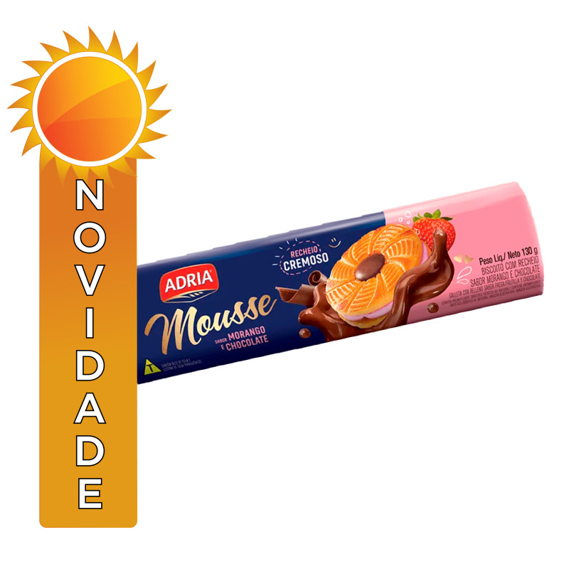 BISCOITO RECHEADO MOUSSE ADRIA 130GR CHOCO MORANGO - CX COM 50 PC