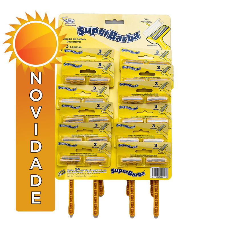 APARELHO DE BARBEAR SUPERBARBA 3 LÂMINAS AMARELO - CARTELA COM 24 UN
