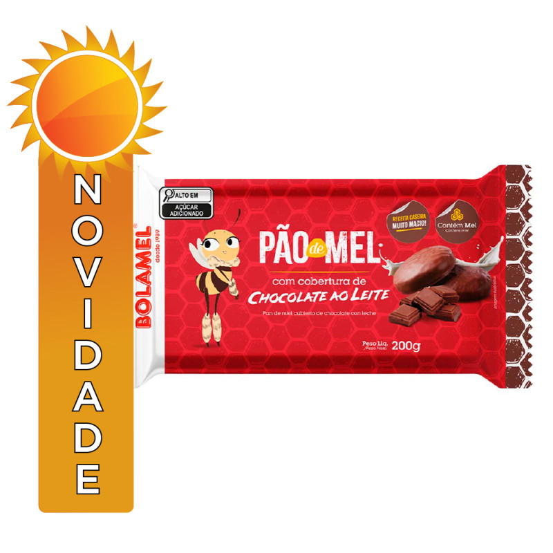 PÃO DE MEL COM COBERTURA DE CHOCOLATE AO LEITE BOLAMEL 200GR BANDEJA - CX COM 12 UN