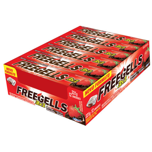 DROPS FREEGELLS RICLAN 27GR 3 X 1 MORANGO + CHOCOLATE + CRISTAIS - DP COM 12 UN