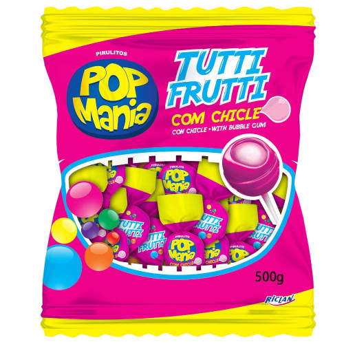 PIRULITO POP MANIA RICLAN 500GR COM CHICLE TUTTI FRUTTI - UNIDADE