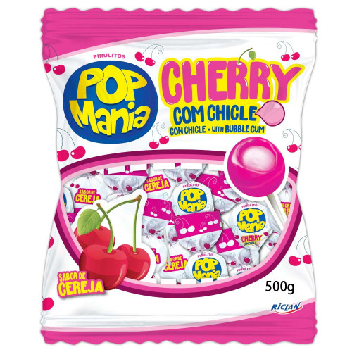 PIRULITO POP MANIA RICLAN 500GR  CHERRY COM CHICLE CEREJA - UNIDADE
