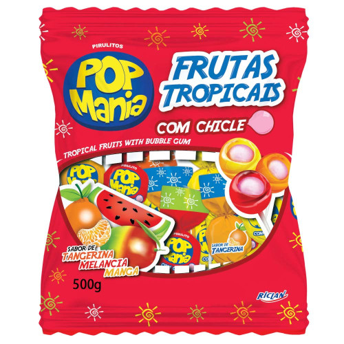 PIRULITO POP MANIA RICLAN 500GR COM CHICLE FRUTAS TROPICAIS - UNIDADE