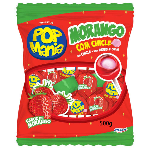 PIRULITO POP MANIA RICLAN 500GR COM CHICLE MORANGO - UNIDADE