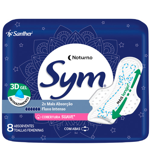 ABSORVENTE SYM C/8UN NOTURNO/PREMIUM COM ABAS SUAVE - PC COM 12 UN