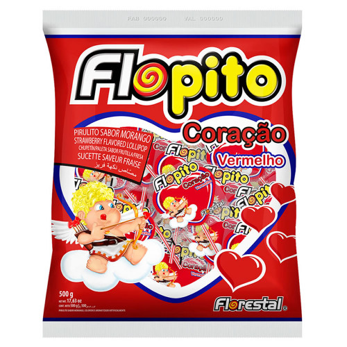 PIRULITO FLOPITO CORAÇÃO VERMELHO 500GR - MORANGO PC COM 50 UN
