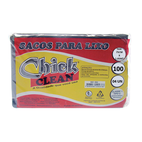 SACO P/ LIXO CHICK CLEAN 100 LITROS C/4UN - TAMANHO 75CMX1,05MT - PC COM 20 UN