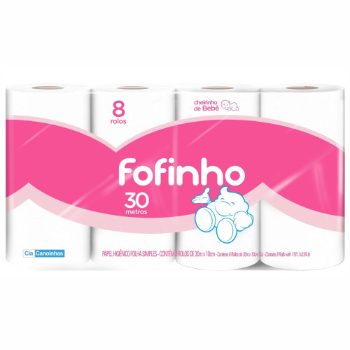 PAPEL HIGIÊNICO FOFINHO COM 8 ROLOS 30 METROS FOLHA SIMPLES PERFUMADO - FD COM 12 PC