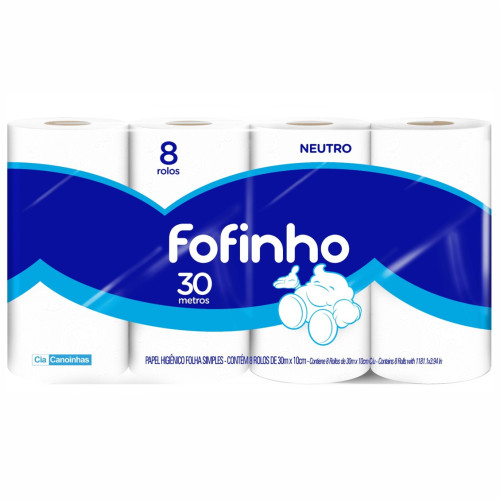 PAPEL HIGIÊNICO FOFINHO C/8 ROLOS 30 METROS FOLHA SIMPLES NEUTRO - FD COM 12 PC
