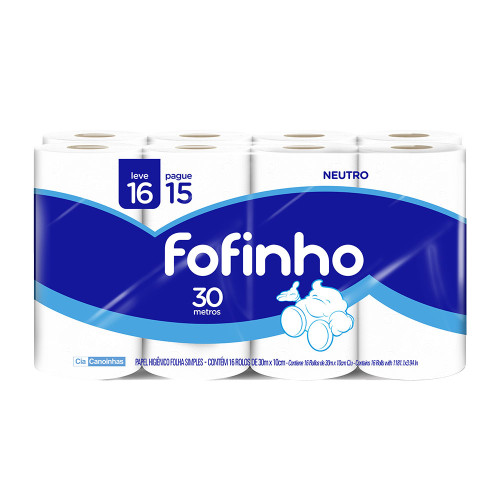PAPEL HIGIÊNICO FOFINHO C/16 ROLOS 30 METROS PK FOLHA SIMPLES NEUTRO - FD COM 6 PC