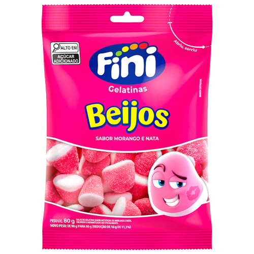 BALA DE GELATINA FINI 80GR BEIJOS SABOR MORANGO E NATA - CX COM 12 UN