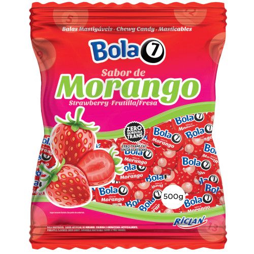 BALA RICLAN MASTIGÁVEL BOLA7 500GR MORANGO - UNIDADE
