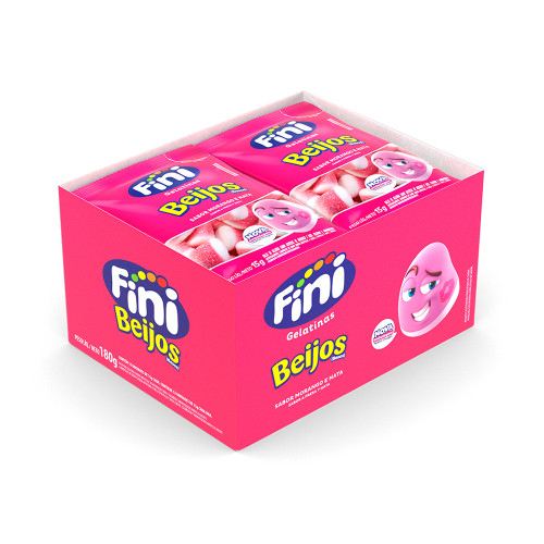 BALA DE GELATINA FINI 15GR BEIJOS SABOR MORANGO E NATA - DP COM 12 UN