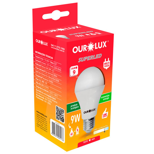 LÂMPADA SUPERLED OUROLUX BIVOLT 9 W - CX COM 10 UN