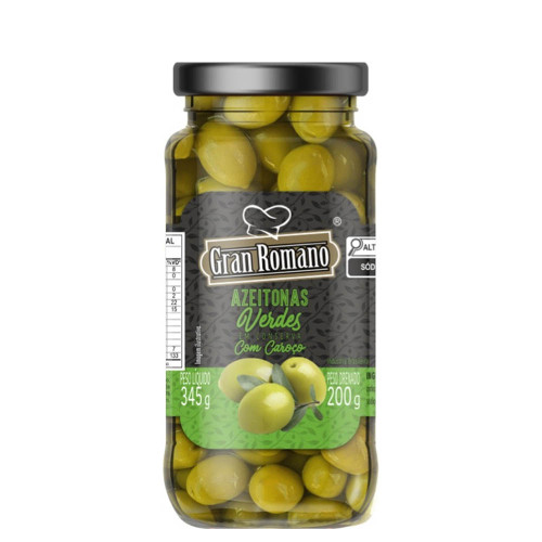 AZEITONAS VERDES GRAN ROMANO COPO 200GR COM CAROÇO - CX COM 12 UN