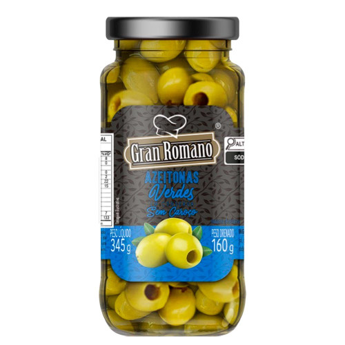 AZEITONAS VERDES GRAN ROMANO COPO 160GR SEM CAROÇO - CX COM 12 UN