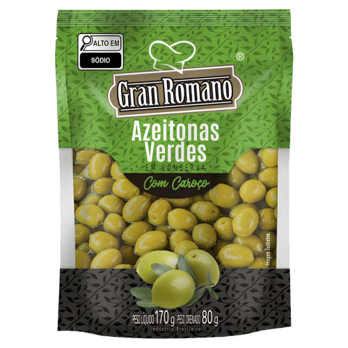AZEITONAS VERDES GRAN ROMANO SACHÊ 80GR COM CAROÇO - CX COM 30 UN