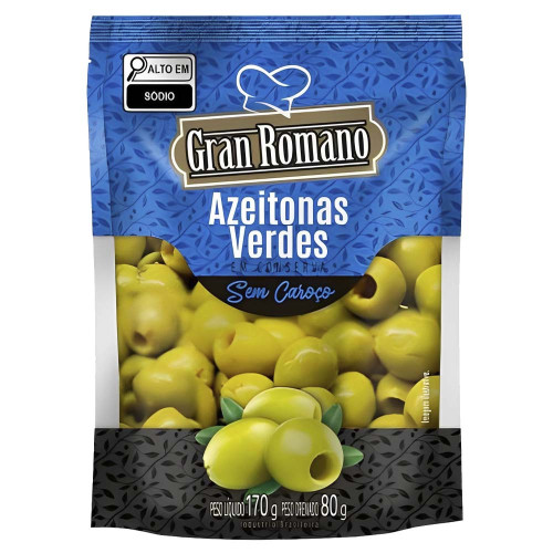 AZEITONA VERDE GRAN ROMANO SACHÊ 80GR SEM CAROÇO - CX COM 30 UN