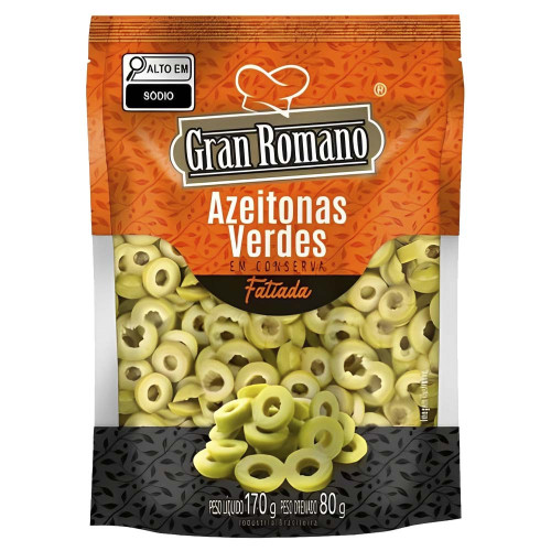 AZEITONA VERDE GRAN ROMANO SACHÊ 80GR FATIADAS - CX COM 30 UN